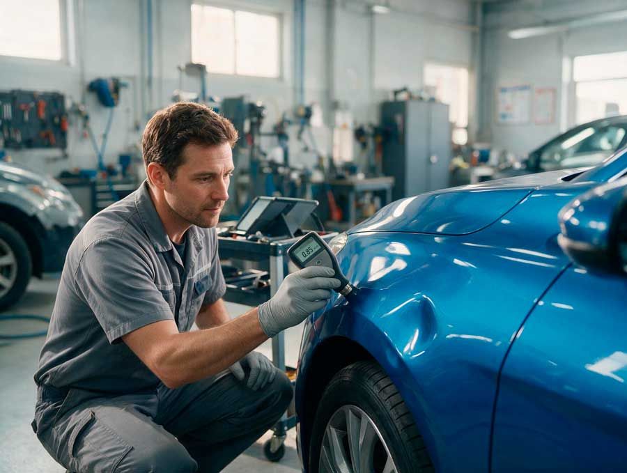 Técnico revisando los daños de una carrocería antes del peritaje